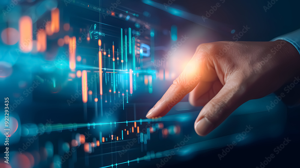 A businessman pointing to a finance business chart on a digital screen, showcasing growth A businessman pointing to a finance business chart on a digital screen, showcasing growth