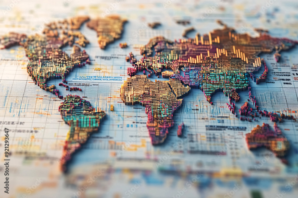 Naklejka premium Vibrant 3D World Map with Dynamic Data Visualization and Colorful Infographic Elements for Global Trends Analysis