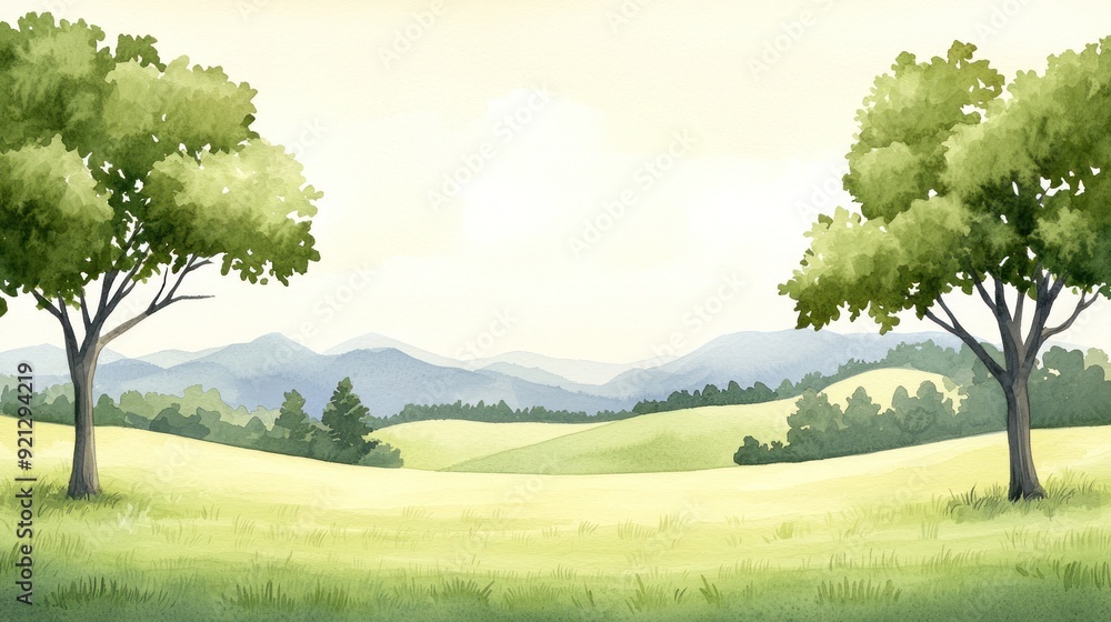 Fototapeta premium A serene landscape featuring lush green trees and rolling hills under a soft pastel sky, perfect for nature-themed designs.