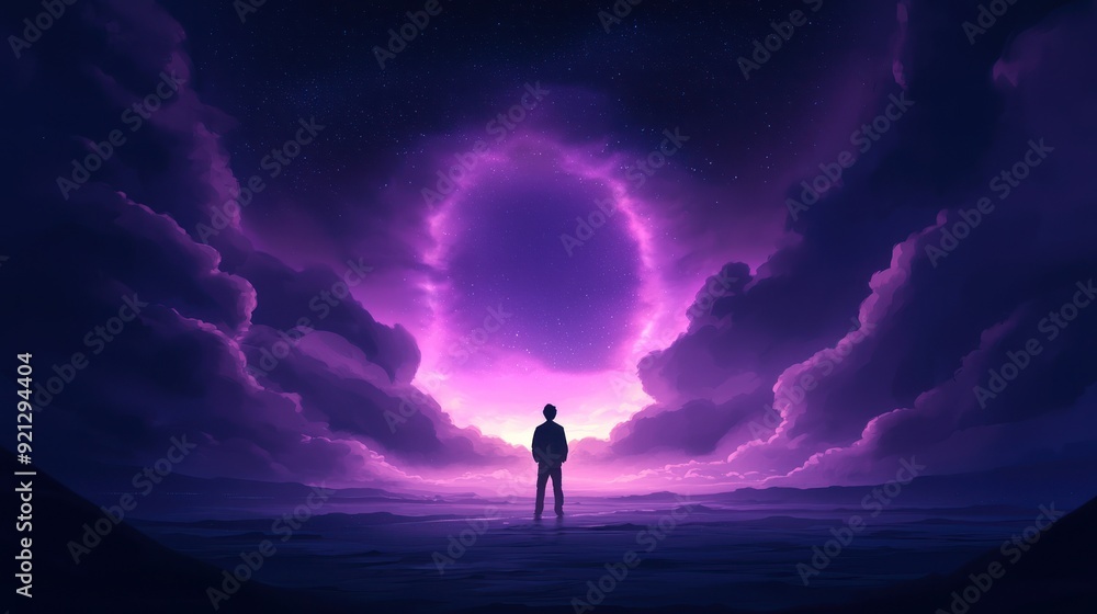 Fototapeta premium A silhouetted figure stands before a vibrant purple portal in a dramatic cloud-filled sky, evoking wonder and imagination.