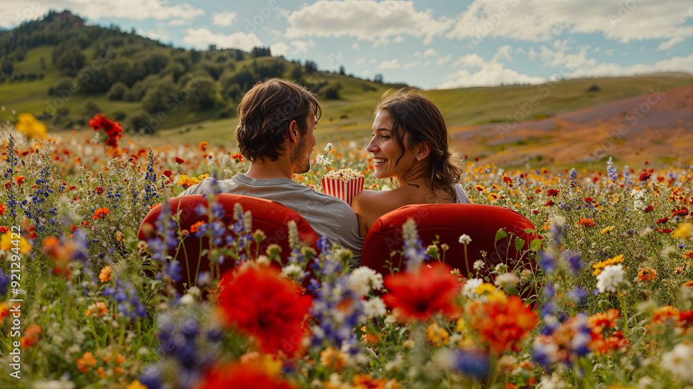 Two Lovers Seated in Red Cinema Chairs, People Enjoying an Outdoor Date, Romantic Moment in a Field of Flowers Under a Sunny Sky Two Lovers Seated in Red Cinema Chairs, People Enjoying an Outdoor Date, Romantic Moment in a Field of Flowers Under a Sunny Sky