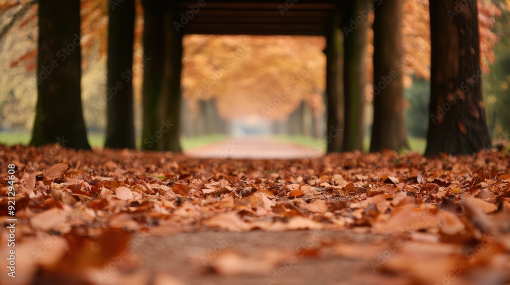 Obraz premium A tranquil pathway covered with autumn leaves, framed by trees, capturing the essence of fall in a serene outdoor setting.