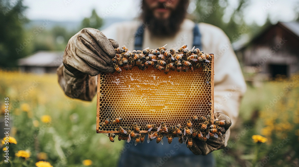 The beekeeper carefully removes a honeycomb frame, with golden honey dripping from the comb. The beekeeper carefully removes a honeycomb frame, with golden honey dripping from the comb.