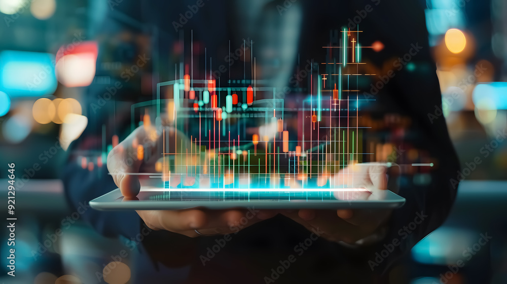 A businessman holding a tablet and showing holographic graphs and stock market statistics A businessman holding a tablet and showing holographic graphs and stock market statistics