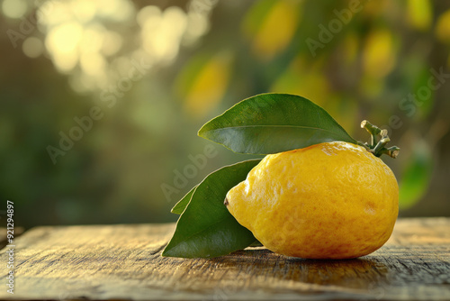 Single etrog citron fruit with leaves is resting on a wooden table with a blurred orchard background photo