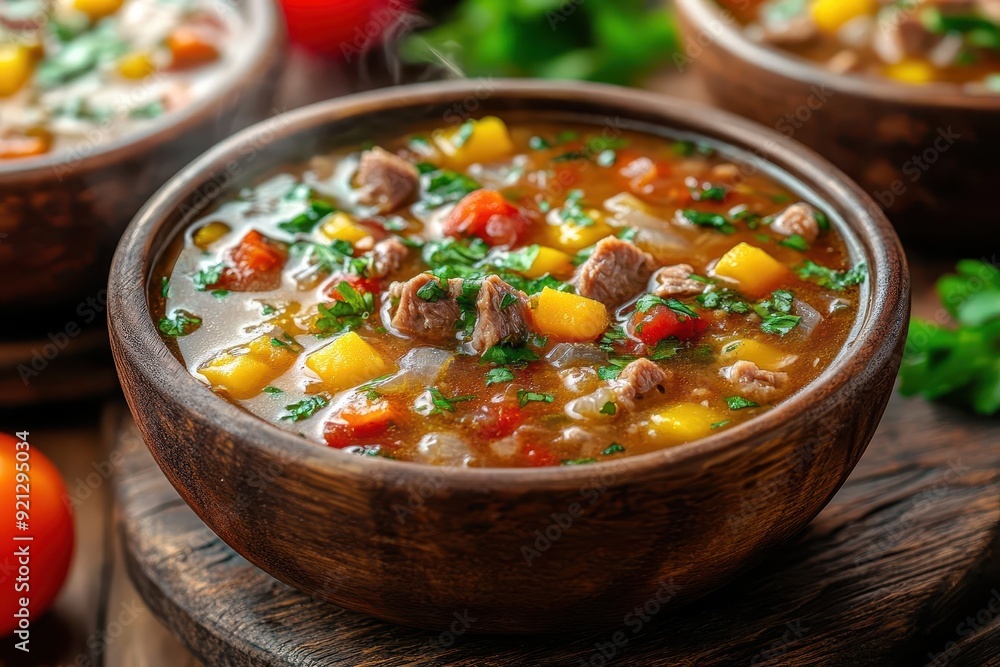 rustic wooden table with steaming bowls of hearty scotch broth chunks of tender meat and vibrant vegetables visible warm ambient lighting rustic wooden table with steaming bowls of hearty scotch broth chunks of tender meat and vibrant vegetables visible warm ambient lighting