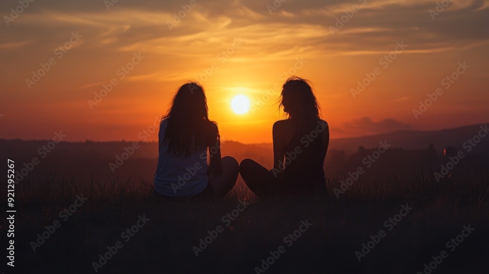 Two friends watching a vibrant sunset. This captivating scene portrays friendship and tranquility. The warm colors create a serene atmosphere. Ideal for travel or lifestyle themes. AI Two friends watching a vibrant sunset. This captivating scene portrays friendship and tranquility. The warm colors create a serene atmosphere. Ideal for travel or lifestyle themes. AI