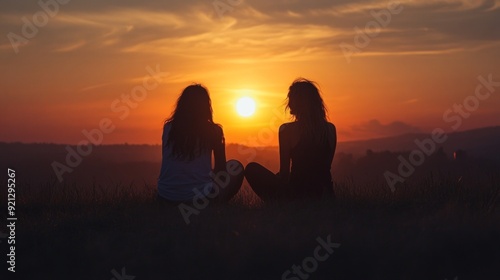 Two friends watching a vibrant sunset. This captivating scene portrays friendship and tranquility. The warm colors create a serene atmosphere. Ideal for travel or lifestyle themes. AI