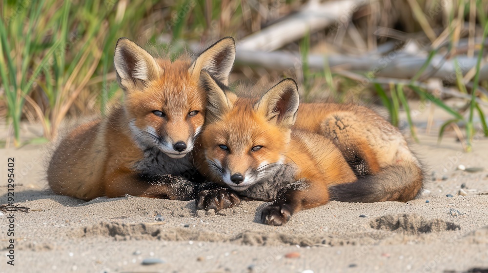 Foxes. Cute Baby Red Fox Family Cuddling on the Beach in Nova Scotia Foxes. Cute Baby Red Fox Family Cuddling on the Beach in Nova Scotia