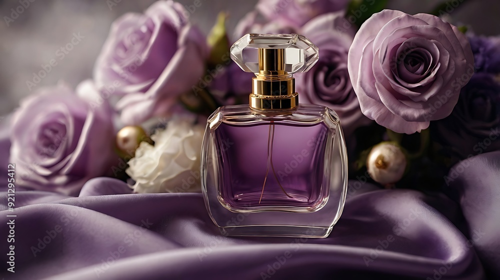 Bottle of perfume with flowers and Silk Background, purple luxury perfume bottle Bottle of perfume with flowers and Silk Background, purple luxury perfume bottle