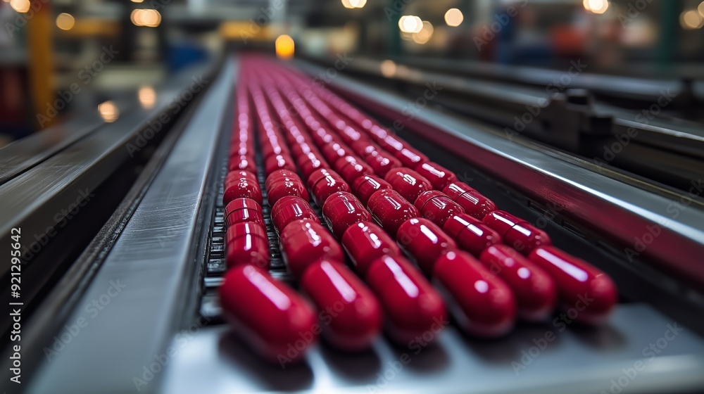 Close-up view of red medical capsules on a conveyor belt in an industrial pharmaceutical production line with selective focus and blurred background. Close-up view of red medical capsules on a conveyor belt in an industrial pharmaceutical production line with selective focus and blurred background.