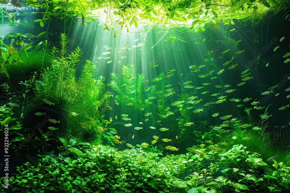 Obraz premium Freshwater: Underwater Green Landscape of Lake Ecosystem with Algae and Fish