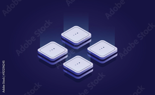 Server room isometric, futuristic technology of data protection and processing, Cloud Databases, Web Hosting.
