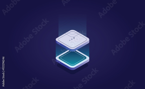 Server room isometric, futuristic technology of data protection and processing, Cloud Databases, Web Hosting.
