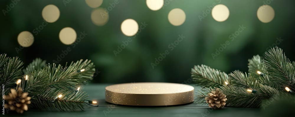 Elegant wooden platform surrounded by festive greenery and soft lights, perfect for holiday displays and product showcases. Elegant wooden platform surrounded by festive greenery and soft lights, perfect for holiday displays and product showcases.
