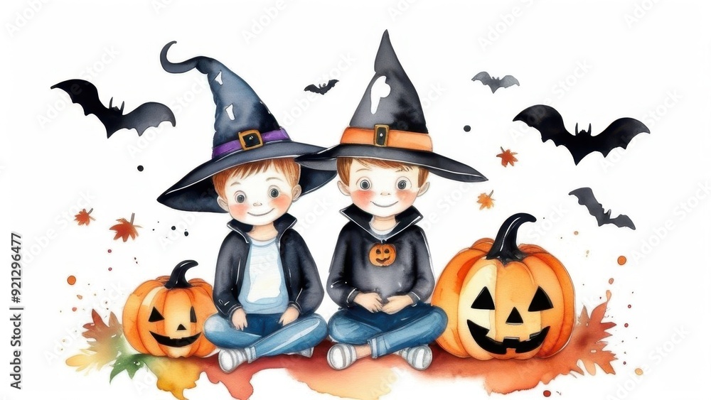 watercolor illustration of a Halloween witch and wizard, pumpkins and ghosts in a cute cartoon style on a white background, watercolor illustration of a Halloween witch and wizard, pumpkins and ghosts in a cute cartoon style on a white background,