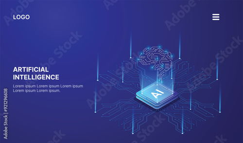 Artificial Intelligence, Isometric Vector Landing Page for AI, Deep Learning, Machine Learning, and Technological Digital Brain Concepts,isometric banner,AI isometric, AI learning machine, ai icon.
