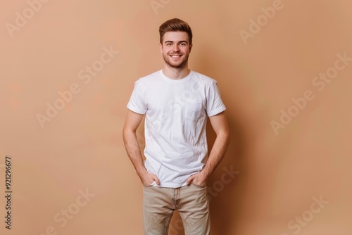 Full body photo of charming cheerful positive young man hold hands pockets isolated on beige color background