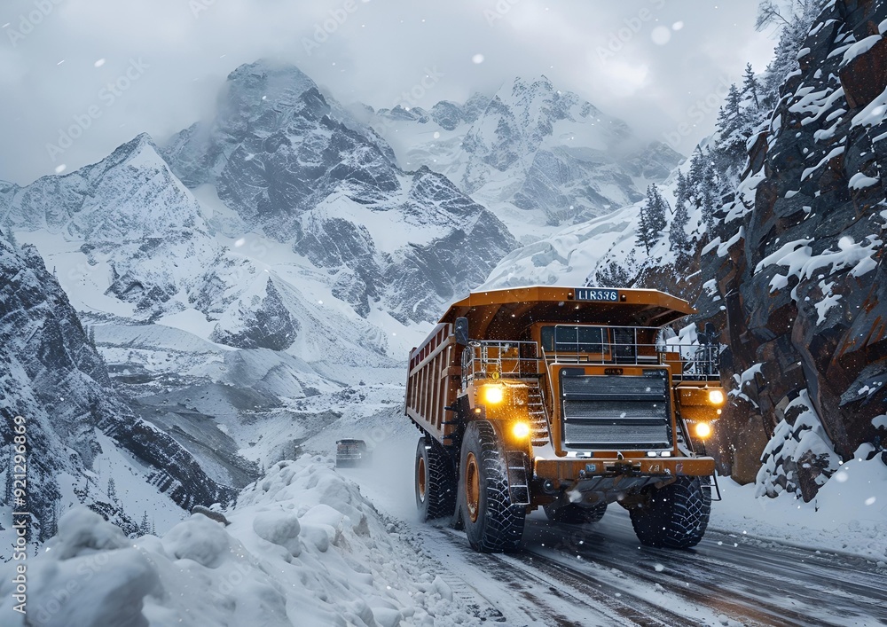 A large truck navigates a snowy mountain road, surrounded by white snow and tall pine trees. A large truck navigates a snowy mountain road, surrounded by white snow and tall pine trees.