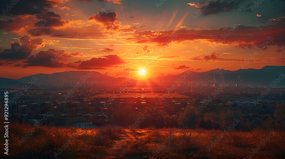 A picturesque sunset casts warm hues over a city skyline. A picturesque sunset casts warm hues over a city skyline.