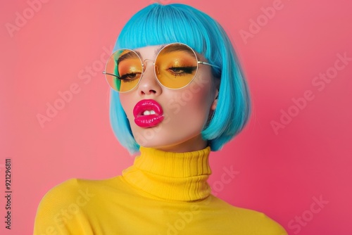 Closeup photo of cool trendy lady hold lips send kisses sexy chic wear stylish round retro specs yellow turtleneck blue short shiny wig isolated vibrant pink color background