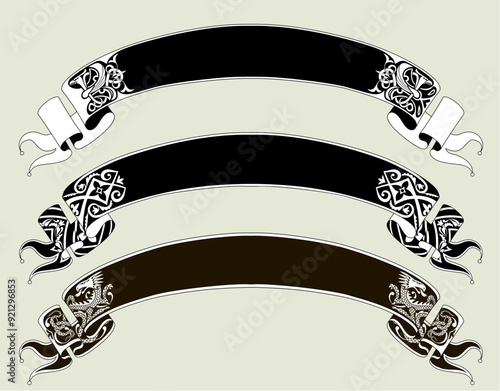 Set of arc banners with medieval ornaments. Drawing in vintage black and white engraving and linear style. Vector illustration