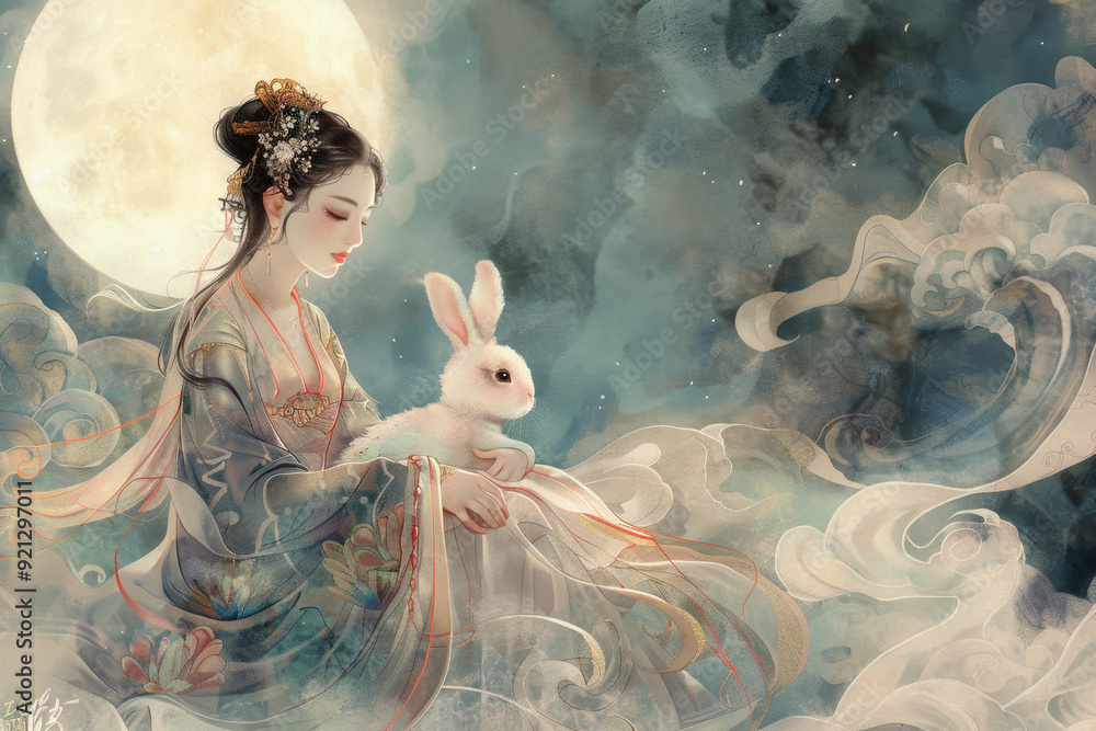 Beautiful chinese goddess chang'e holding jade rabbit and celebrating mid-autumn festival under full moon Beautiful chinese goddess chang'e holding jade rabbit and celebrating mid-autumn festival under full moon