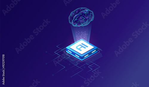 Isometric AI Banner Design: Artificial Intelligence and Modern Graphics, Brain technology vector design.
