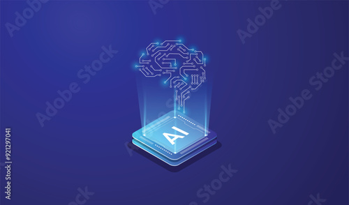 Isometric AI Banner Design: Artificial Intelligence and Modern Graphics, Brain technology vector design.