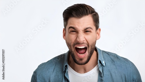 Concept: anger and rage, nerves and screams. Face of angry man screaming, isolated on white background.