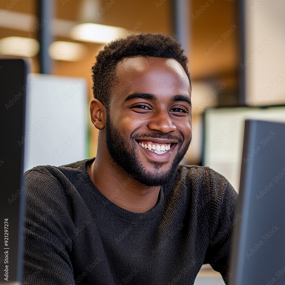 men sitting behind the computer in the office and smiling men sitting behind the computer in the office and smiling