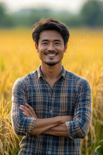 Asian male farmer smiling with confidence in rice field ready for harvest.
