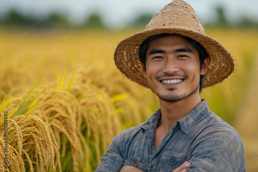 Obraz premium Asian male farmer smiling with confidence in rice field ready for harvest.