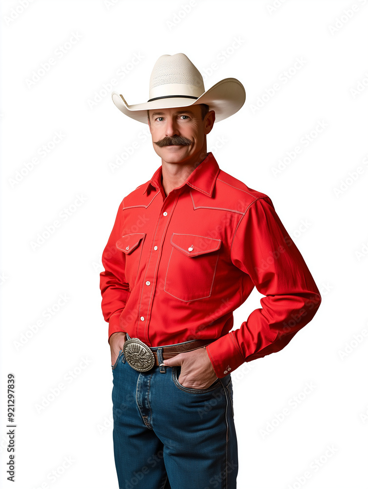 a middle age caucasian cowboy wearing red shirt and jeans, isolated on white background a middle age caucasian cowboy wearing red shirt and jeans, isolated on white background