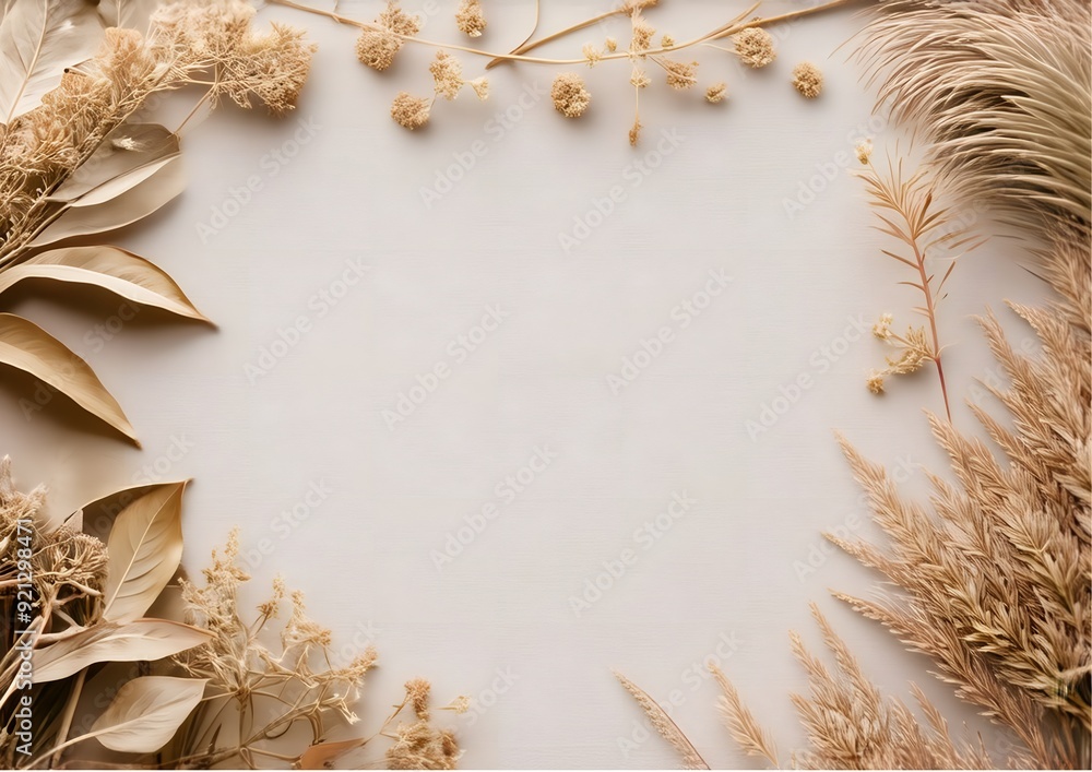 A minimalistic and elegant flat lay composition featuring dried flowers, leaves, and grasses arranged along the border. The neutral colors create a serene and natural aesthetic A minimalistic and elegant flat lay composition featuring dried flowers, leaves, and grasses arranged along the border. The neutral colors create a serene and natural aesthetic