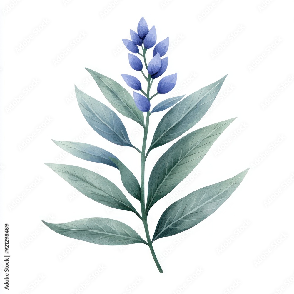 A delicate botanical illustration featuring a purple flower atop green leaves, perfect for nature-themed designs. A delicate botanical illustration featuring a purple flower atop green leaves, perfect for nature-themed designs.