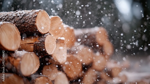 Firewood logs are shown stacked up neatly, covered with a layer of snow, with snowfall in the background suggesting a cold and wintry environment. photo