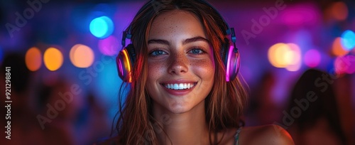 Smiling woman with neon headphones in vibrant setting