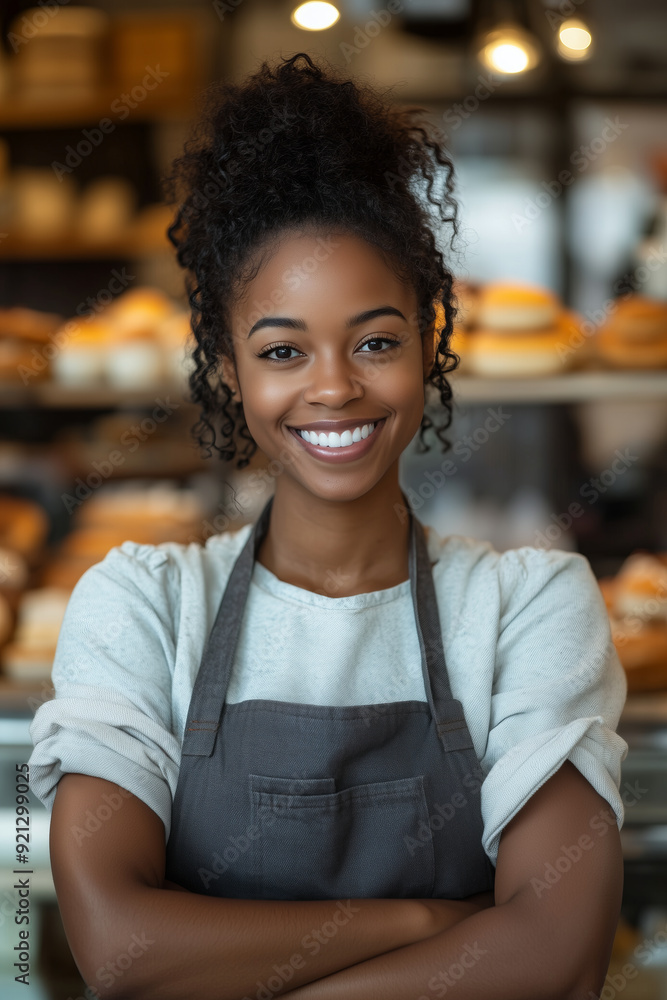 African American female employee smiling with confidence in bakery shop. African American female employee smiling with confidence in bakery shop.