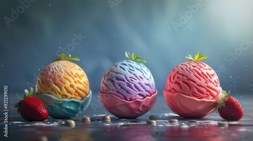 Frozen Dessert. Three Colorful Single Servings of Ice Cream: Chocolate, Vanilla, Strawberry