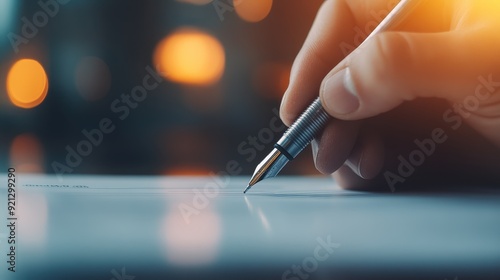 A close-up image shows a person’s hand signing an important document with a pen under warm, ambient lighting, symbolizing agreement, finalization, and trust. photo