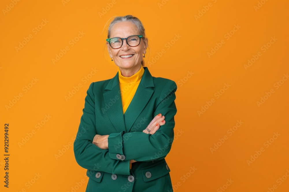 Fototapeta premium Full body elderly smiling happy cool confident woman 50s in green classic suit hold hands crossed folded isolated on plain orange color background studio portrait. People business lifestyle concept