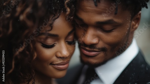 A couple dressed in formal wear shares an intimate moment outdoors, their foreheads touching and eyes closed, highlighting the depth of their connection and affection.