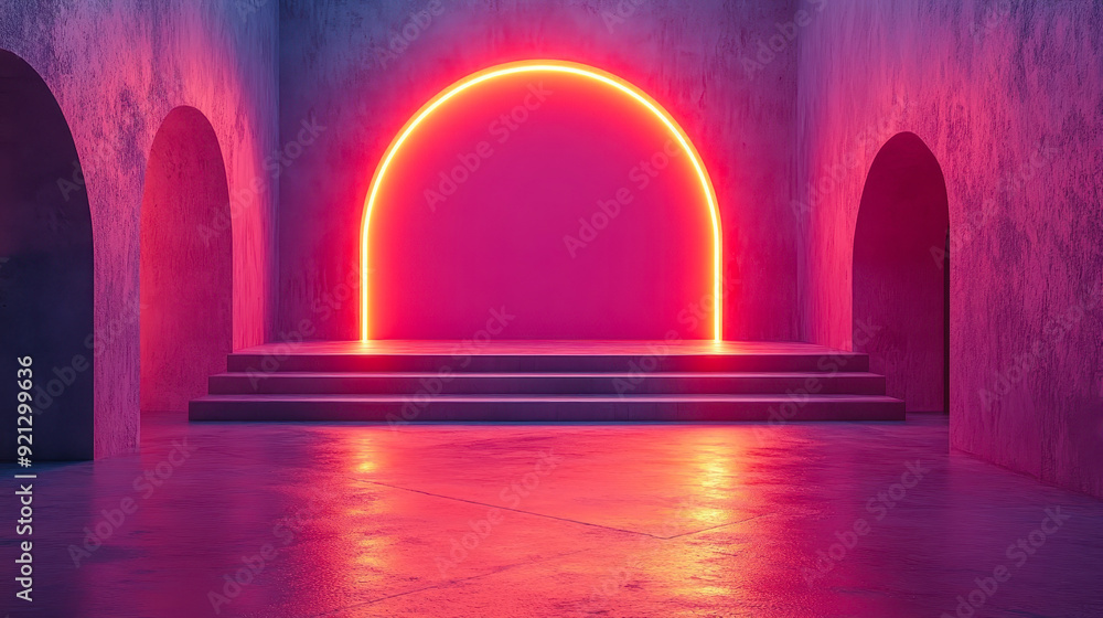Futuristic Light Red Room with Neon Arch Background for Product Podium Presentation, Modern Illuminated Interior, Sleek and Stylish Virtual Stage, Ambient Light Concept for Marketing and Design Futuristic Light Red Room with Neon Arch Background for Product Podium Presentation, Modern Illuminated Interior, Sleek and Stylish Virtual Stage, Ambient Light Concept for Marketing and Design