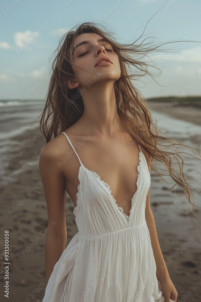 Caucasian woman in white dress walking on the beach. Caucasian woman in white dress walking on the beach.