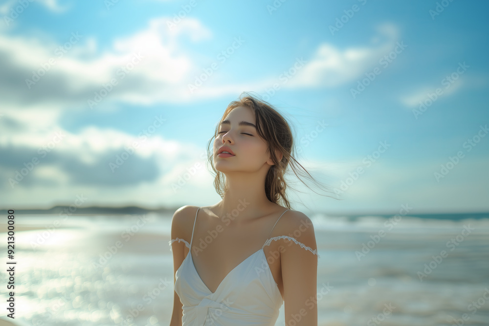 Caucasian woman in white dress walking on the beach. Caucasian woman in white dress walking on the beach.