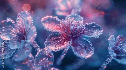 Futuristic Ice Blossoms: Blossoms of ice visualized with futuristic elements, using neon colors and intricate patterns to create a dynamic frozen display.