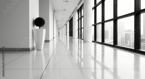 Modern Office Corridor With Floor-to-Ceiling Windows in Bright Natural Light