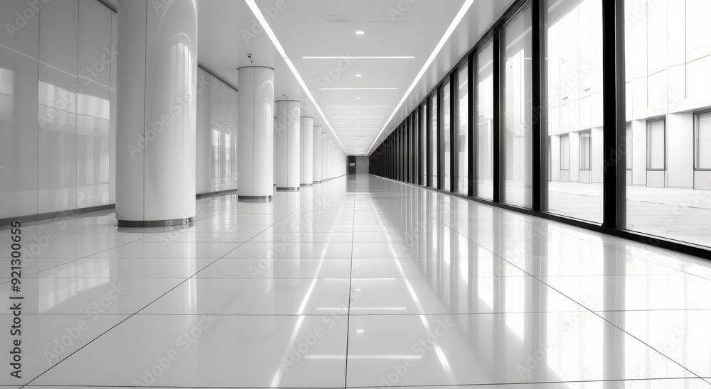 Modern Office Corridor With Floor-to-Ceiling Windows in Bright Natural Light Modern Office Corridor With Floor-to-Ceiling Windows in Bright Natural Light