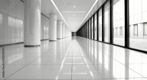 Modern Office Corridor With Floor-to-Ceiling Windows in Bright Natural Light